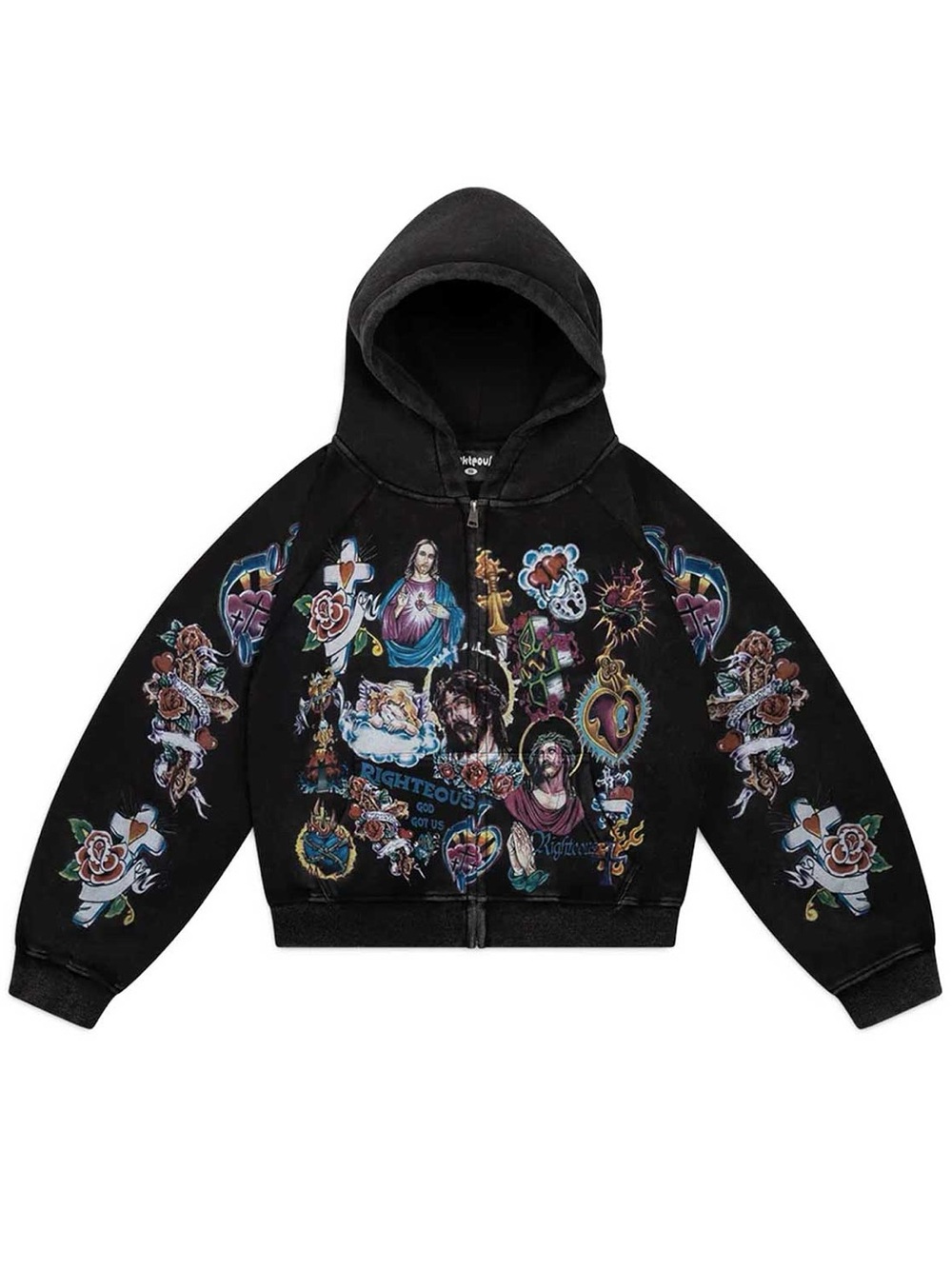 RIGHTEOUS RISEN KING ZIP UP HOODIE BLACK SIZE LARGE